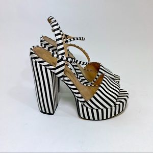 Black and White Stripe Retro Chinese Laundry Platform Sandal Heels
